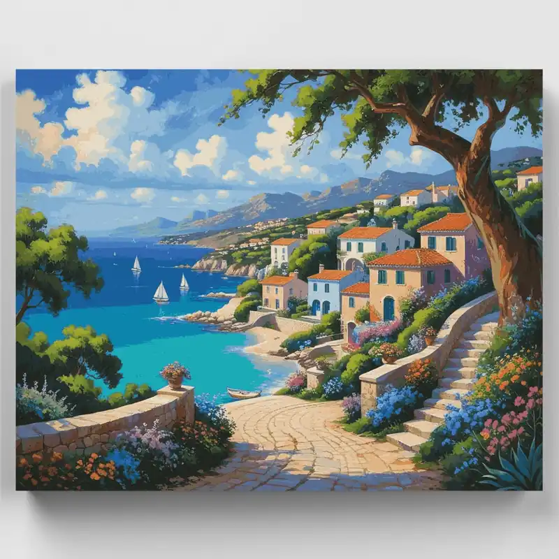 Kit de pintar por números de Pueblo Costero Mediterráneo Idílico con Sendero de Piedra - Lienzo Enrollado / 24 Colores Económico