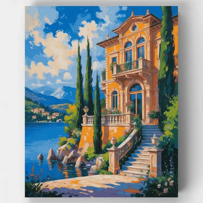 Descuento Villa Mediterránea Paraíso Junto al Lago - Kit de pintar por números - Lienzo Enrollado / 24 Colores