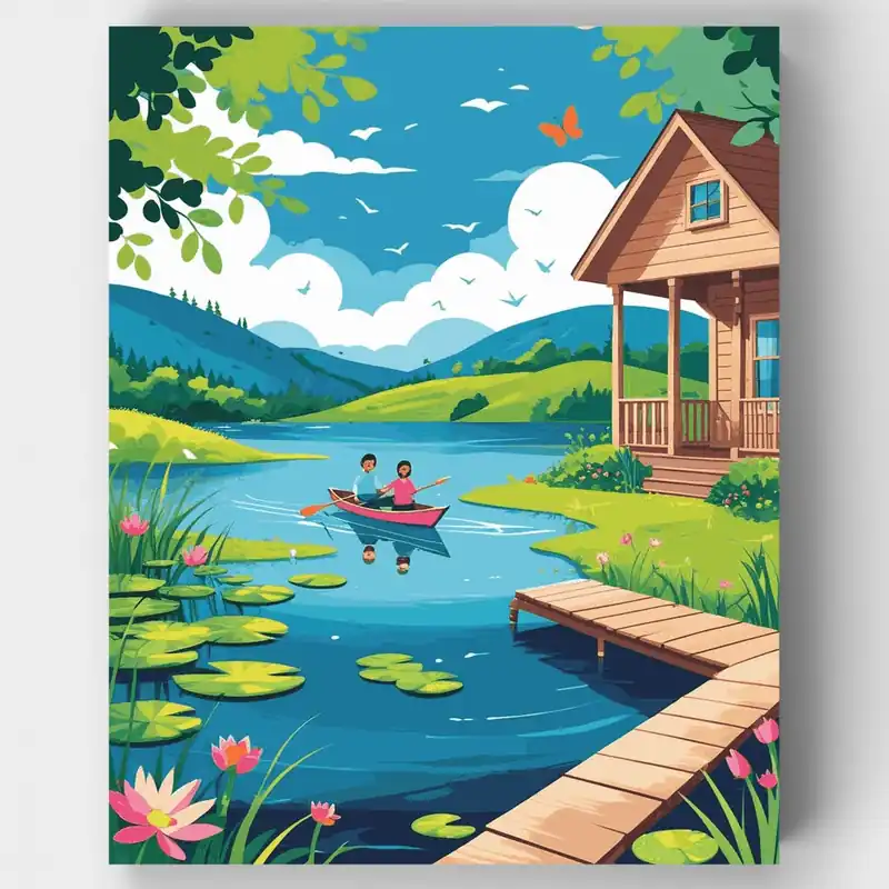 Cabaña Pacífica en el Lago con Aventura de Remo - Kit de pintar por números - Lienzo Enrollado / 24 Colores Mejor Calidad