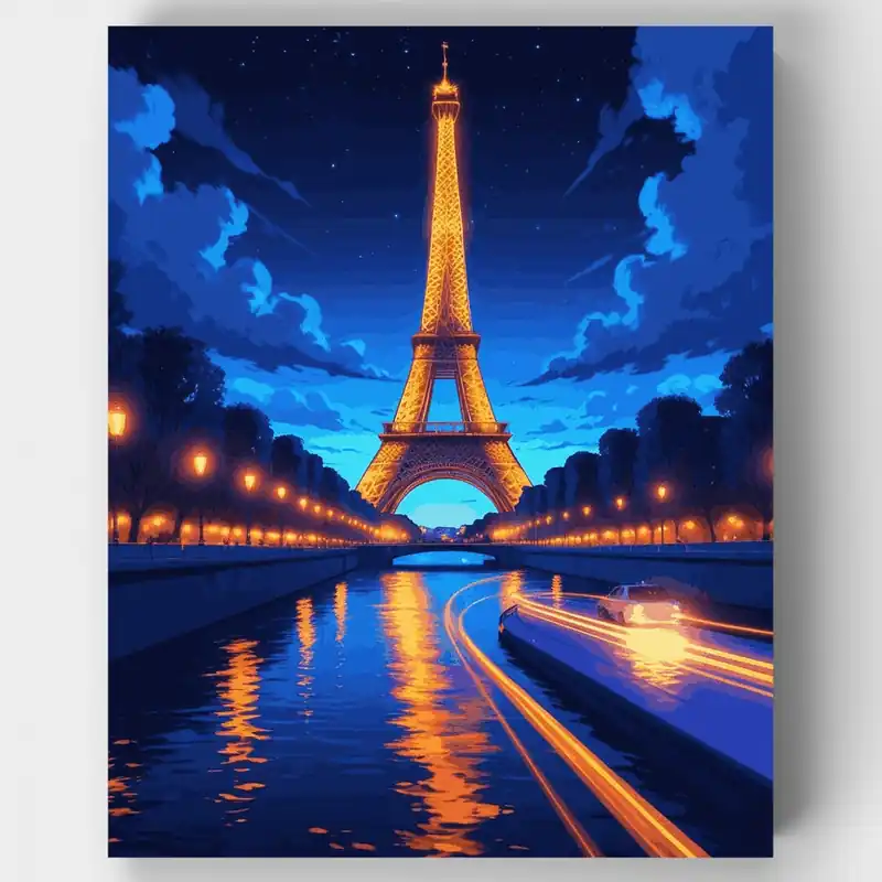 Envío Internacional Torre Eiffel Escena Nocturna - Kit de pintar por números - Lienzo Enrollado / 24 Colores