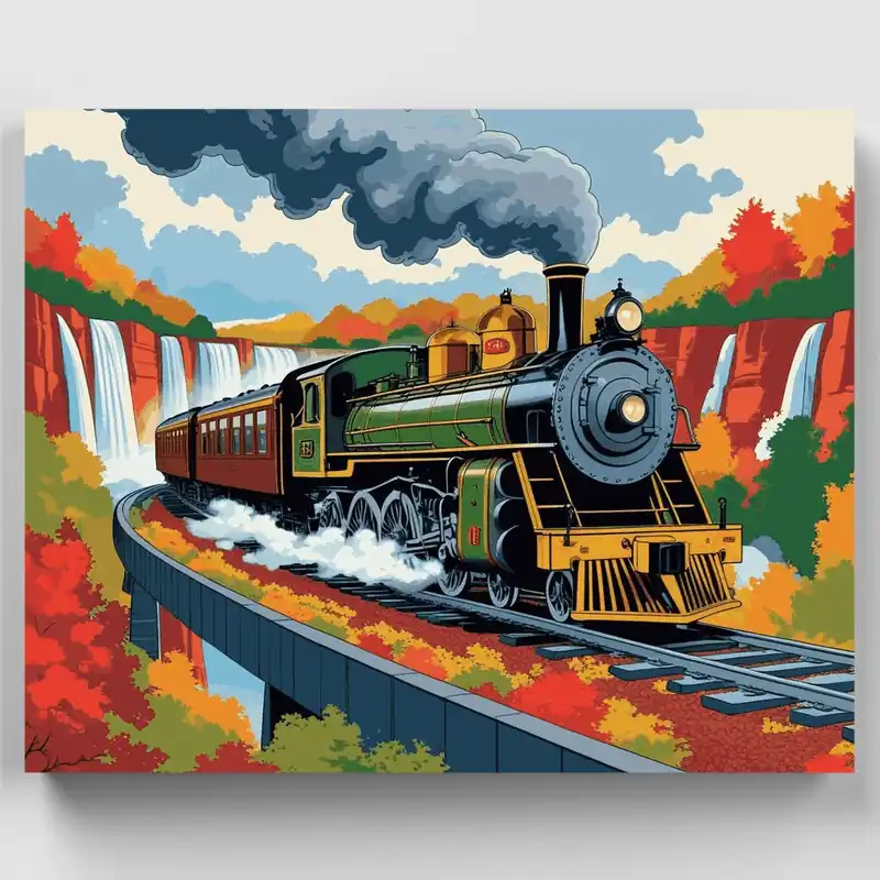 Gran Oferta Tren de Vapor Vintage a Través del Cañón de Otoño - Kit de pintar por números - Lienzo Enrollado / 24 Colores