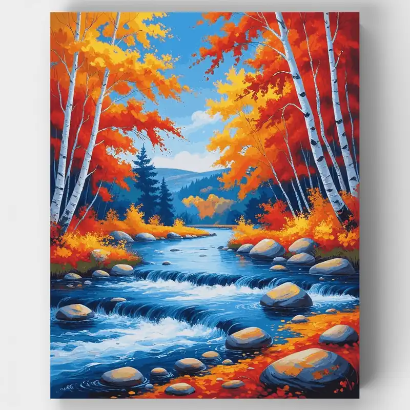 Máxima Calidad Kit de pintar por números Bosque de Abedules del Río Otoñal - Lienzo Enrollado / 24 Colores