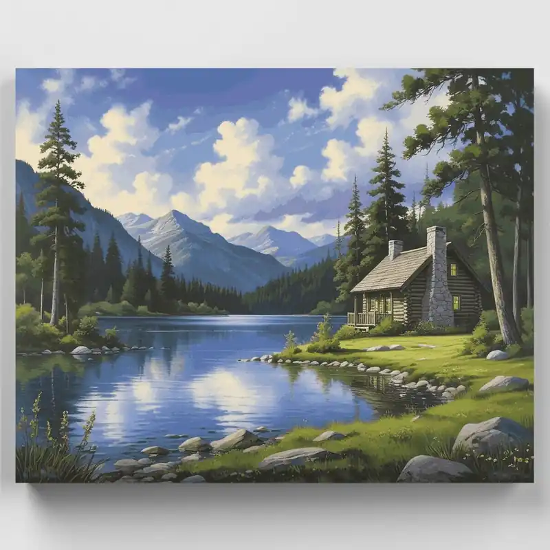 Artesanal Cabaña de Troncos junto al Lago Refugio de Montaña - Kit de pintar por números - Lienzo Enrollado / 24 Colores