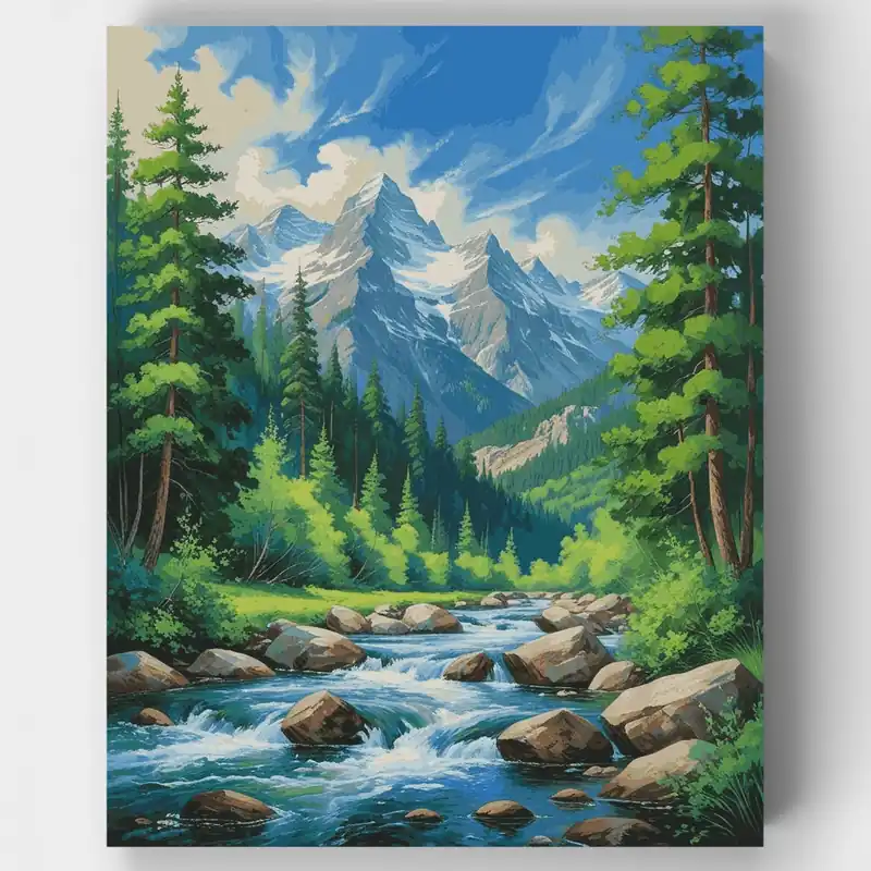 Venta Final Paisaje de Bosque con Río de Montaña - Kit de pintar por números - Lienzo Enrollado / 24 Colores
