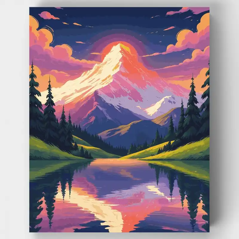 Kit de pintar por números - Reflejo del Atardecer en Lago de Montaña - Lienzo Enrollado / 24 Colores Imprescindible (Must-Have)