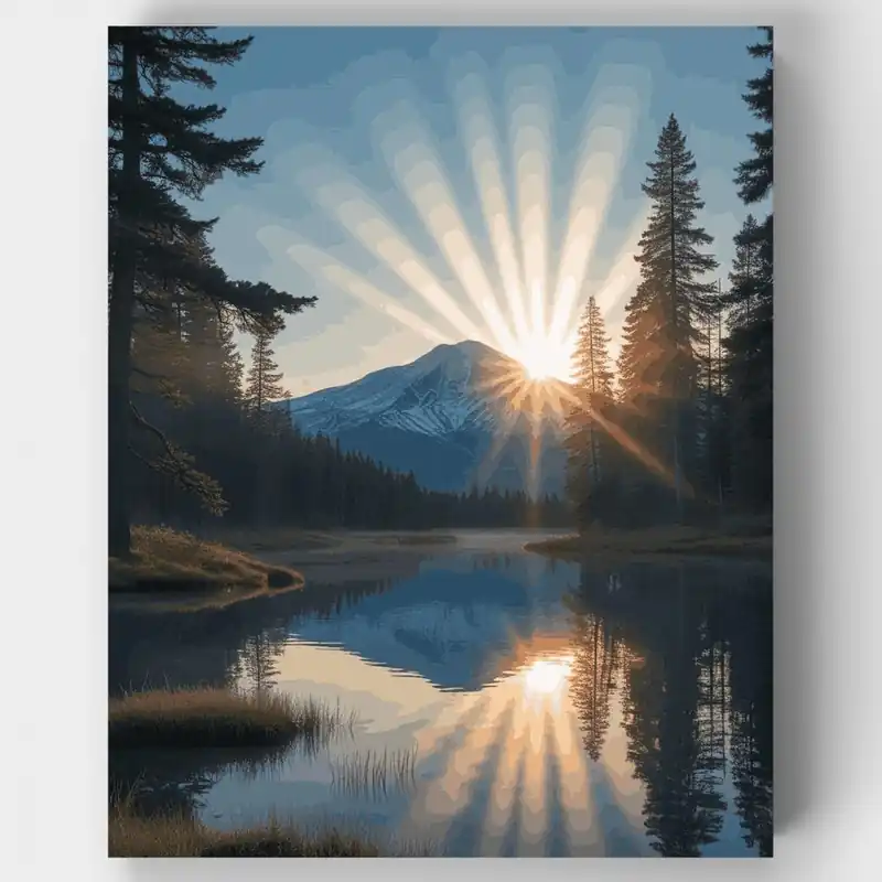 Rebajas Amanecer en la Montaña Reflejo del Lago - Kit de pintar por números - Lienzo Enrollado / 24 Colores