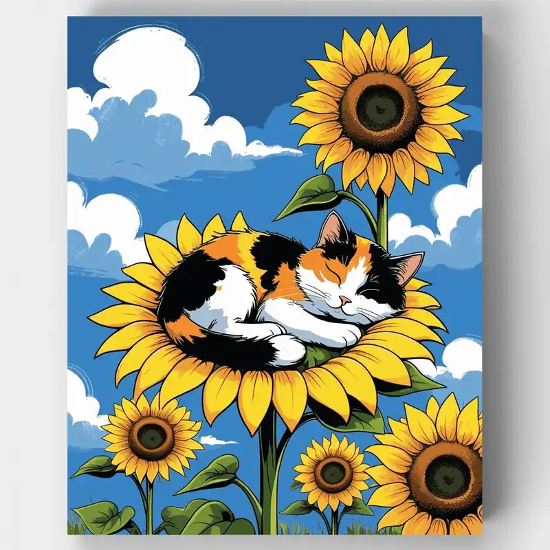 Gato Durmiendo en Girasol - Kit de pintar por números - Lienzo Enrollado / 24 Colores Precio Reducido