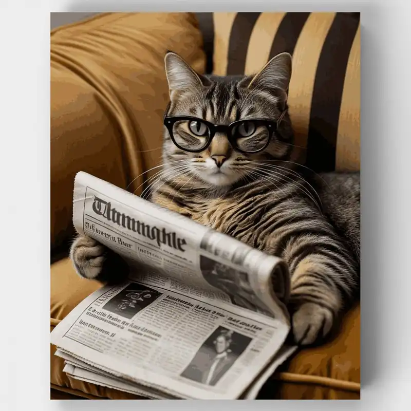 Gato Intelectual Leyendo Periódico - Kit de pintar por números - Lienzo Enrollado / 24 Colores Precio Reducido
