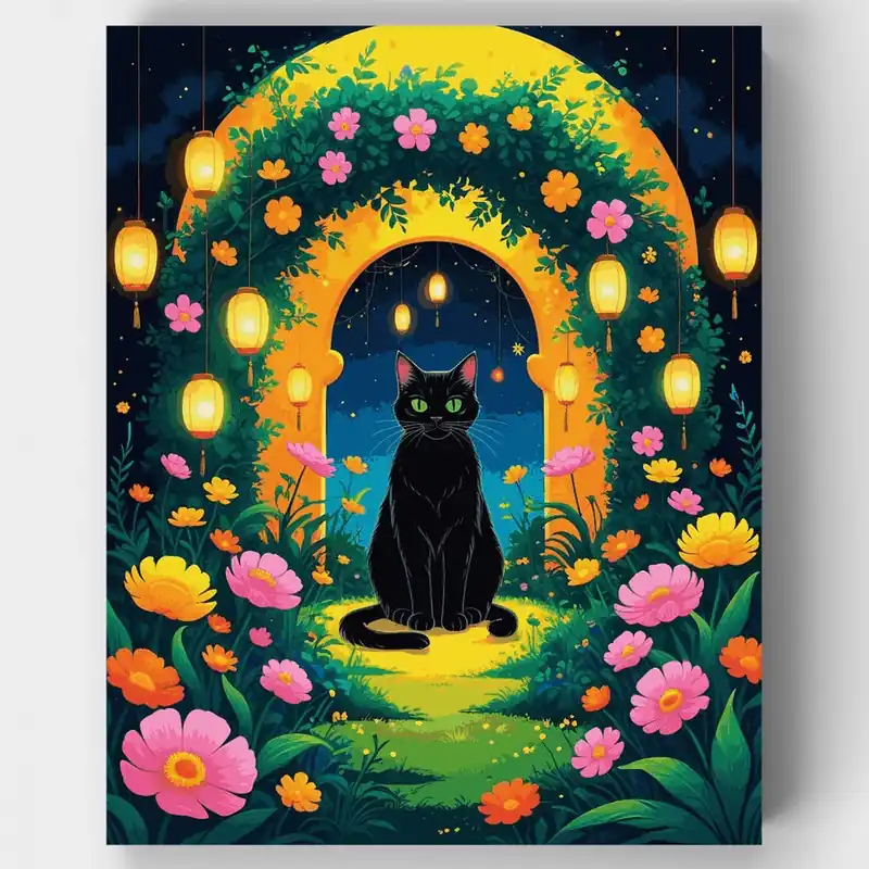 Santuario Jardín de Gato Negro Místico - Kit de pintar por números - Lienzo Enrollado / 24 Colores Solo Hoy