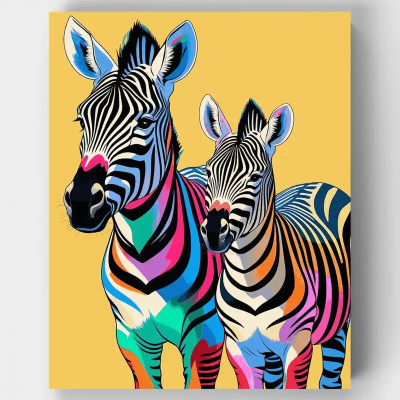Familia de Cebras Arcoíris Coloridas - Kit de pintar por números - Lienzo Enrollado / 24 Colores Solo Hoy