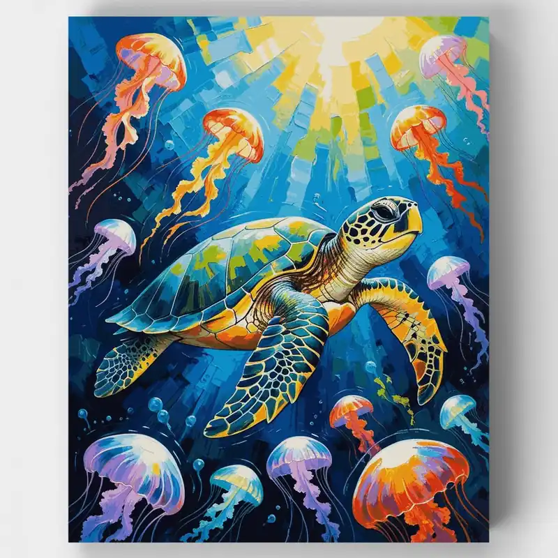 Imprescindible (Must-Have) Tortuga Marina Nadando con Medusas - Kit de pintar por números - Lienzo Enrollado / 24 Colores