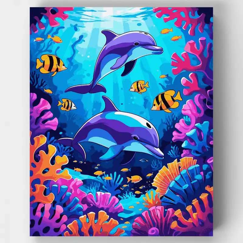 Aventura Vibrante de Delfín en Arrecife de Coral - Kit de pintar por números - Lienzo Enrollado / 24 Colores Venta Final