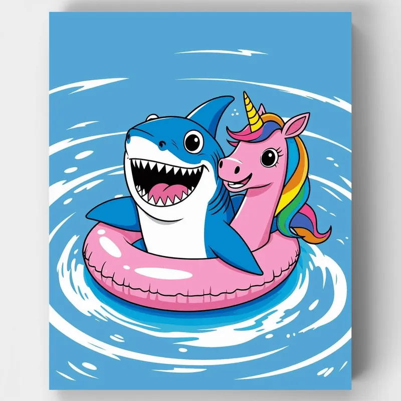 Precio Reducido Aventura de Flotadores de Piscina Tiburón y Unicornio - Kit de pintar por números - Lienzo Enrollado / 24 Colores