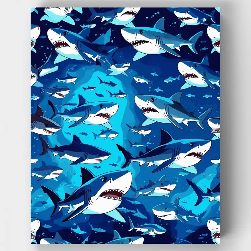 Aventura Oceánica de Cardumen de Tiburones - Kit de pintar por números - Lienzo Enrollado / 24 Colores Profesional