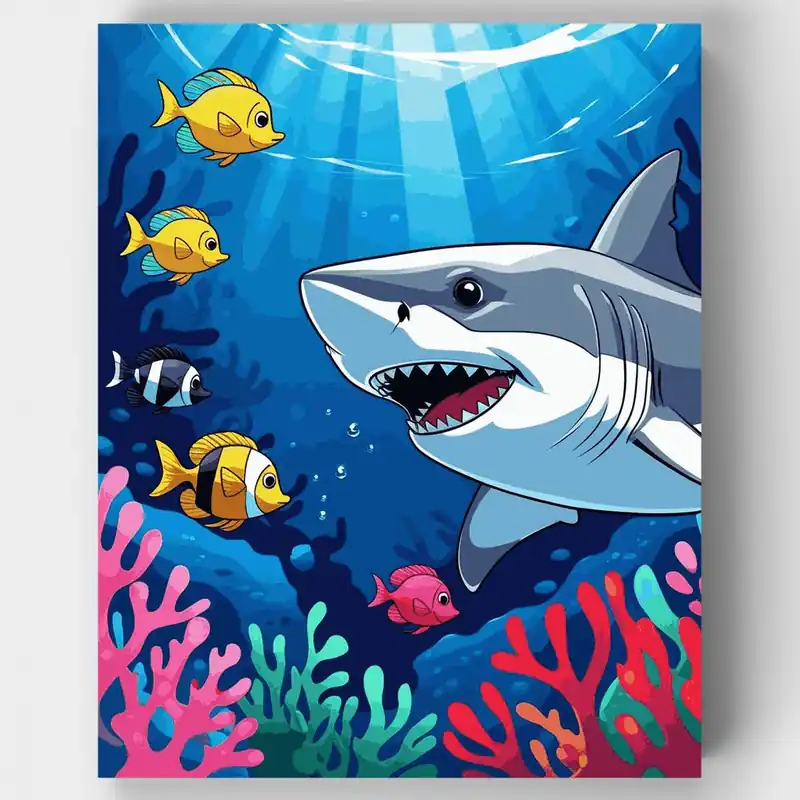 Aventura Submarina con Tiburón y Peces Tropicales - Kit de pintar por números - Lienzo Enrollado / 24 Colores Barato