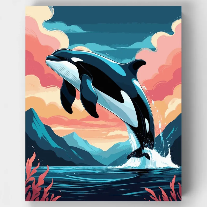 Kit de pintar por números de Majestuosa Orca Saltando al Atardecer - Lienzo Enrollado / 24 Colores Disponible Ahora