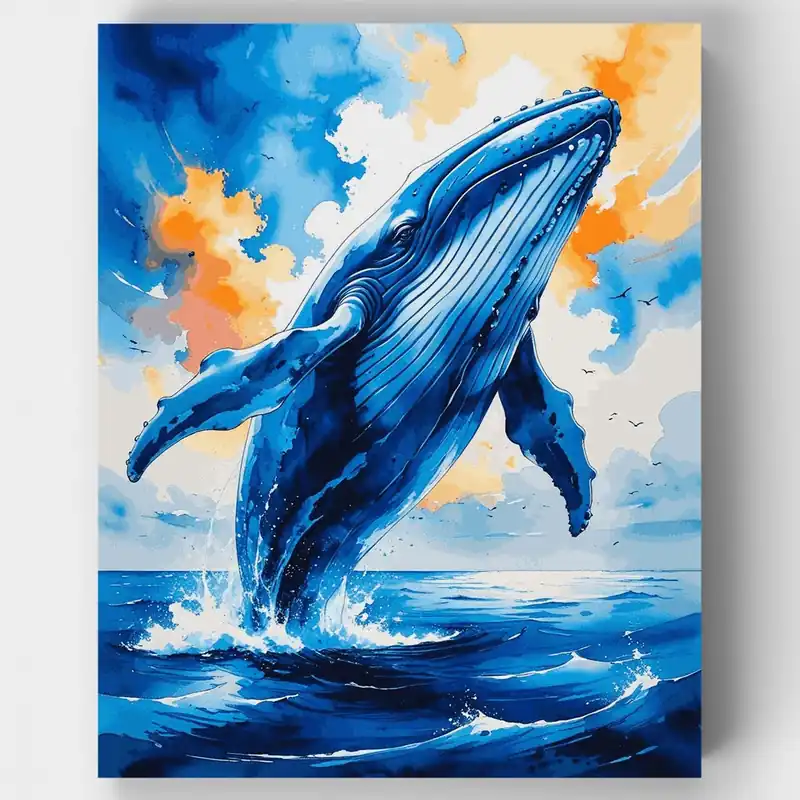 Kit de pintar por números de Majestuosa Ballena Jorobada Saltando en Aguas del Océano - Lienzo Enrollado / 24 Colores Bestseller