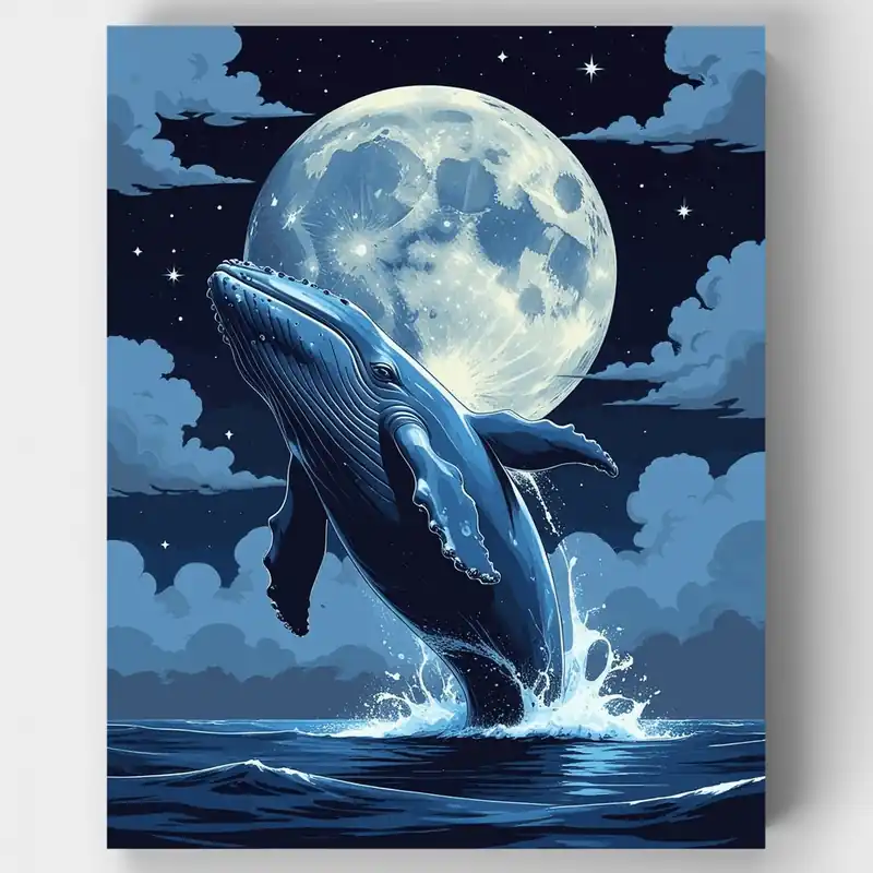 Ballena Saltando Bajo Luna Llena - Kit de pintar por números - Lienzo Enrollado / 24 Colores No Te Lo Pierdas