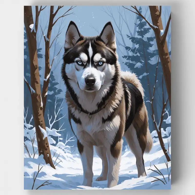 Liquidación Husky en Bosque Invernal - Kit de pintar por números - Lienzo Enrollado / 24 Colores