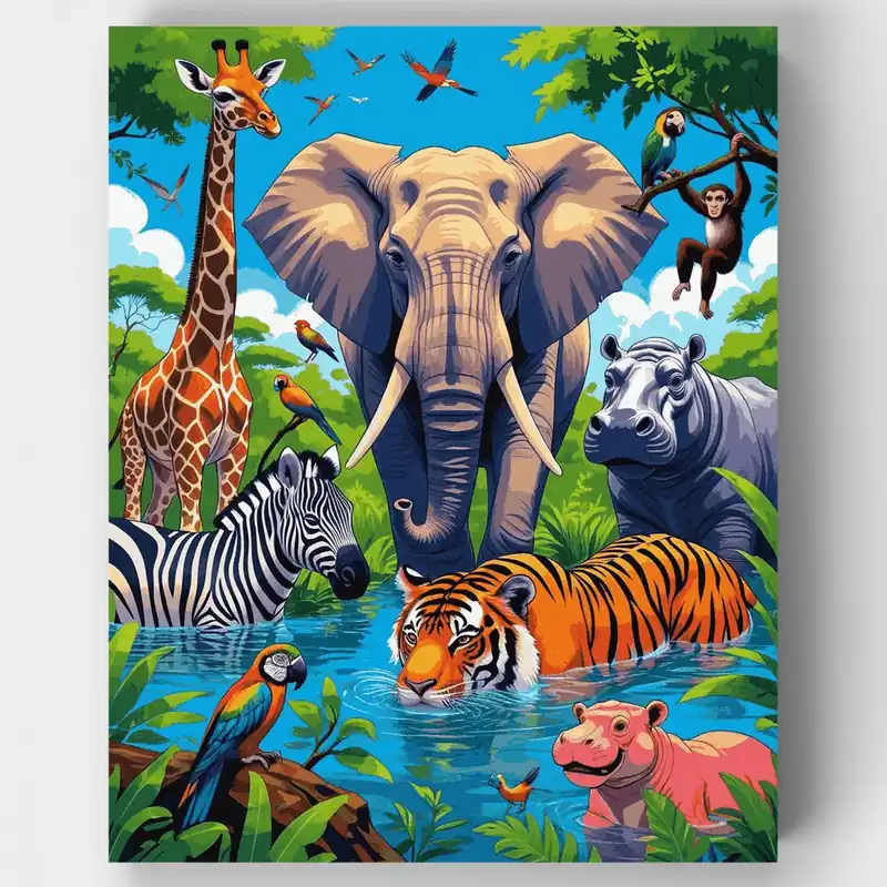 Animales de Safari en el Abrevadero - Kit de pintar por números - Lienzo Enrollado / 24 Colores Económico