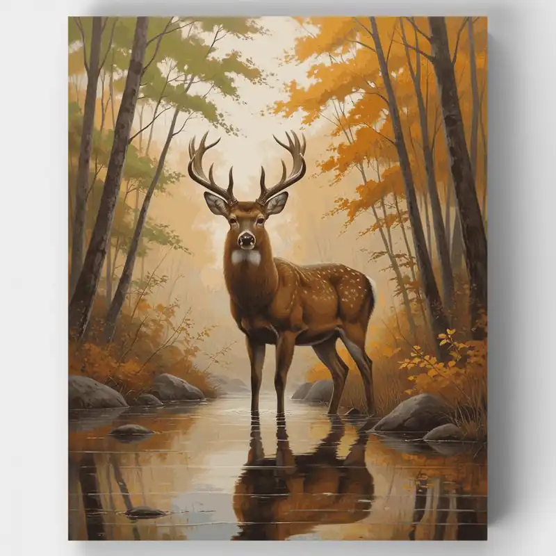 Compra Hoy Ciervo Majestuoso en Bosque de Otoño - Kit de pintar por números - Lienzo Enrollado / 24 Colores