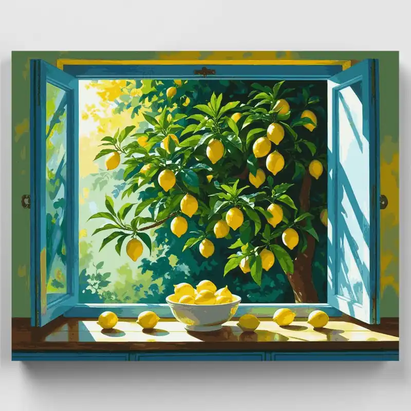 Precio Bajo Vista de Limonero desde la Ventana - Kit de pintar por números - Lienzo Enrollado / 24 Colores