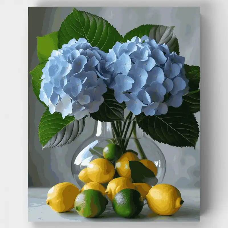 Hortensias Azules con Limones Naturaleza Muerta - Kit de pintar por números - Lienzo Enrollado / 24 Colores Precio De Oferta