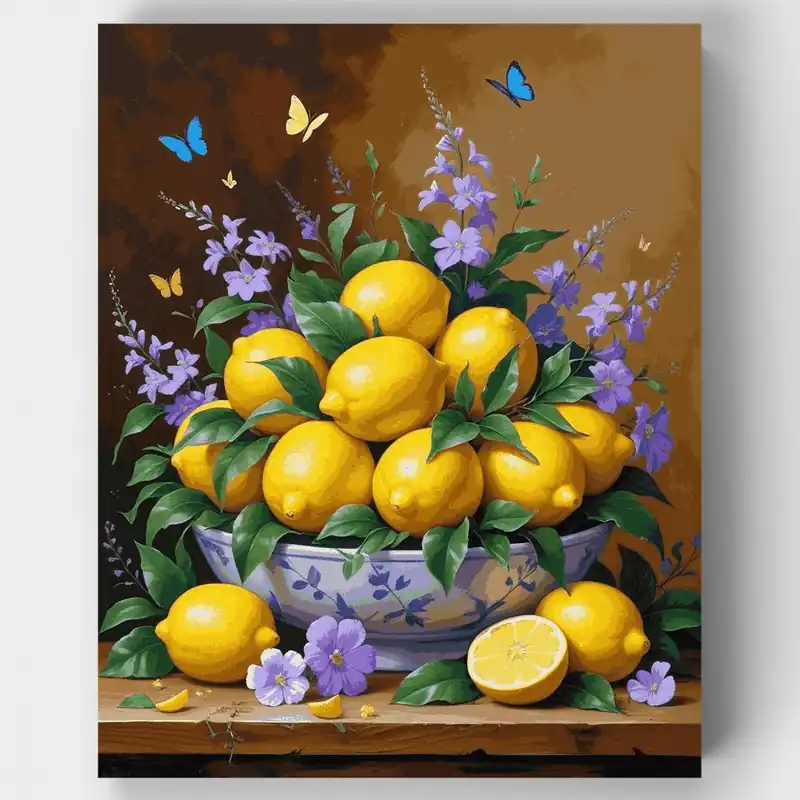 Bodegón de Limón con Flores Moradas - Kit de pintar por números - Lienzo Enrollado / 24 Colores Oferta Limitada