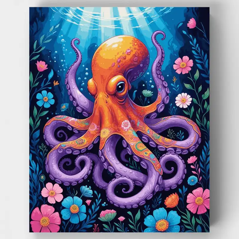 Venta Final Kit de pintar por números Jardín Submarino Vibrante de Pulpos - Lienzo Enrollado / 24 Colores