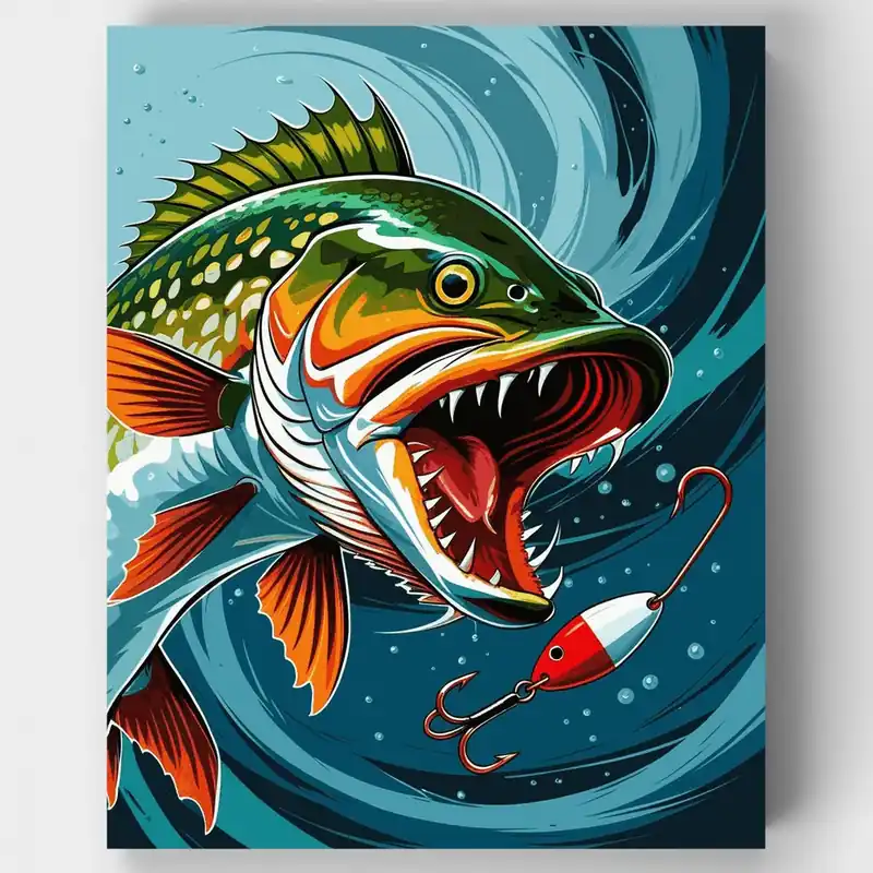 Kit de pintar por números - Ataque Feroz de Señuelo de Pesca de Lucio - Lienzo Enrollado / 24 Colores Última Versión