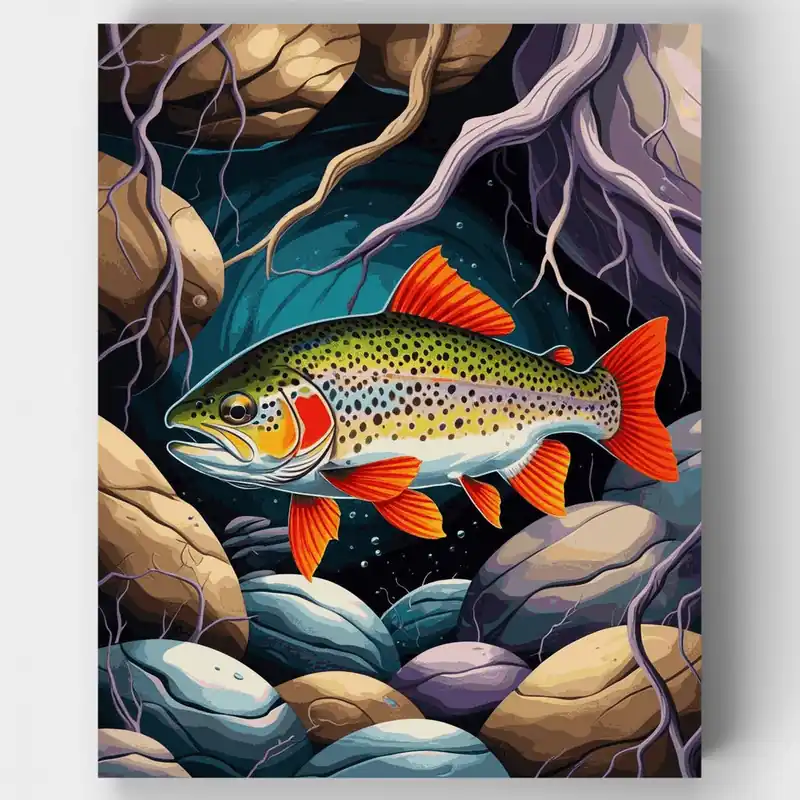 Trucha Nadando Entre Rocas - Kit de pintar por números - Lienzo Enrollado / 24 Colores Venta Final
