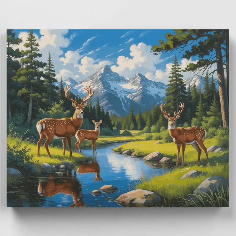 Envío Gratis Familia de Ciervos junto al Arroyo de Montaña - Kit de pintar por números - Lienzo Enrollado / 24 Colores