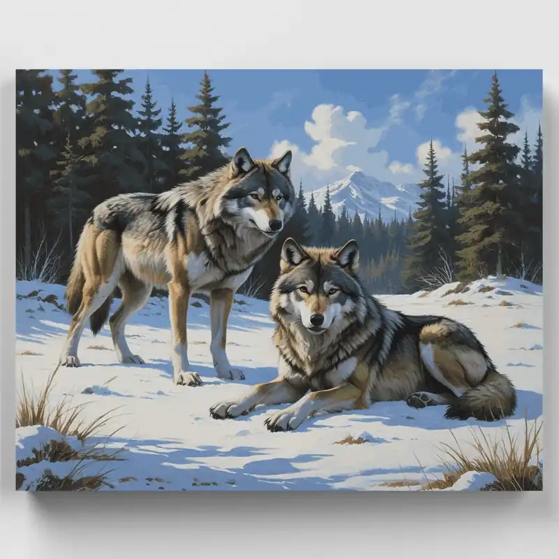 Precio Rebajado Lobos de Invierno en Bosque Nevado - Kit de pintar por números - Lienzo Enrollado / 24 Colores