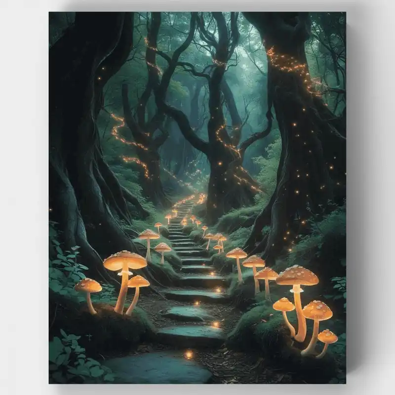 Sendero del Bosque Encantado de Hongos - Kit de pintar por números - Lienzo Enrollado / 24 Colores Exclusivo