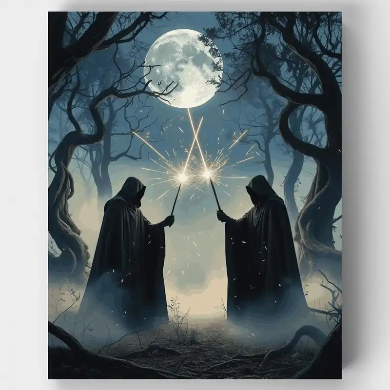 Duelo de Magos Místicos a la Luz de la Luna - Kit de pintar por números - Lienzo Enrollado / 24 Colores Precio Económico