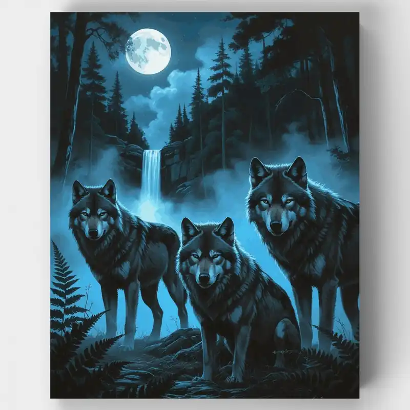 Manada de Lobos a la Luz de la Luna en el Bosque - Kit de pintar por números - Lienzo Enrollado / 24 Colores Promoción Exclusiva