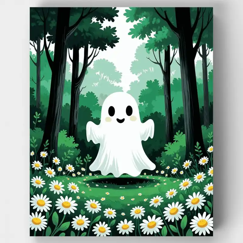 Fantasma Amigable en Bosque Encantado de Margaritas - Kit de pintar por números - Lienzo Enrollado / 24 Colores Liquidación