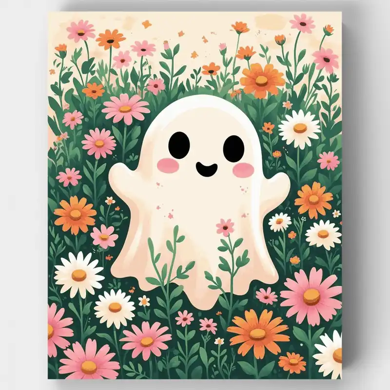 Última Oportunidad Fantasma Lindo en Jardín de Flores - Kit de pintar por números - Lienzo Enrollado / 24 Colores