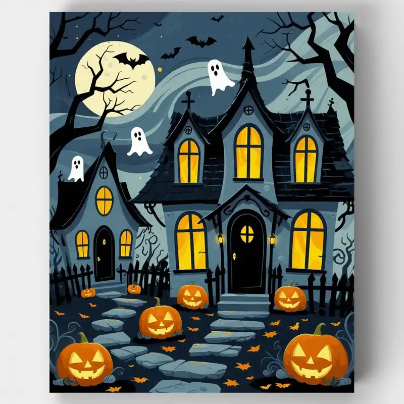 Mansión Victoriana Embrujada Escena de Halloween - Kit de pintar por números - Lienzo Enrollado / 24 Colores Bestseller