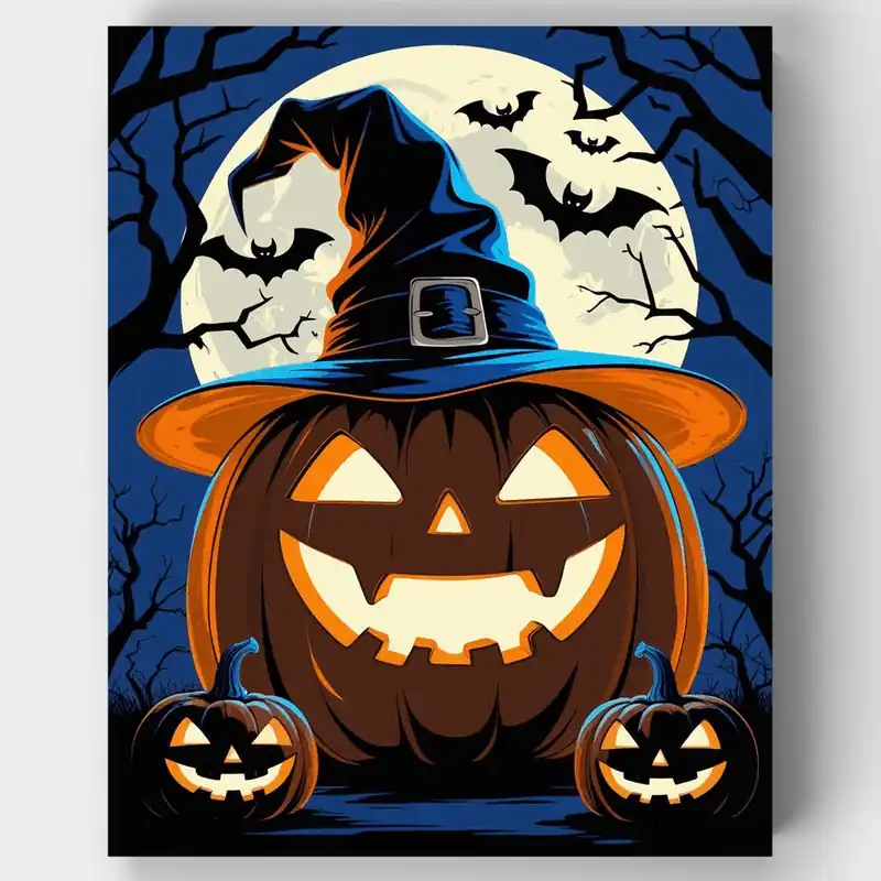 Kit de pintar por números de Calabaza de Halloween con Sombrero de Bruja - Lienzo Enrollado / 24 Colores Precio Bajo