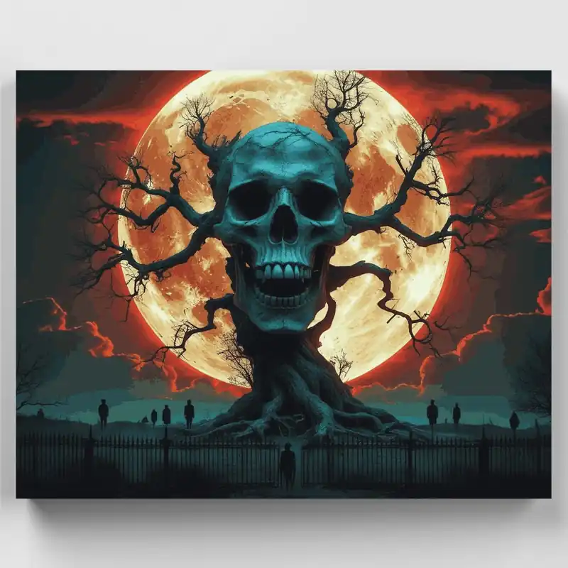 Auténtico Árbol de Calavera Embrujada Bajo Luna de Sangre - Kit de pintar por números - Lienzo Enrollado / 24 Colores
