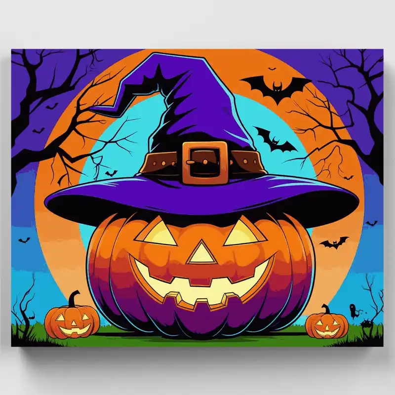 Barato Calabaza Gigante de Halloween con Sombrero de Bruja - Kit de pintar por números - Lienzo Enrollado / 24 Colores