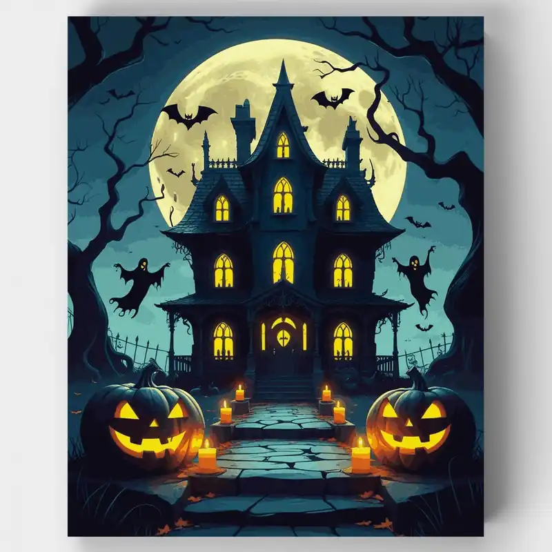 Máxima Calidad Casa Embrujada de Halloween - Kit de pintar por números - Lienzo Enrollado / 24 Colores