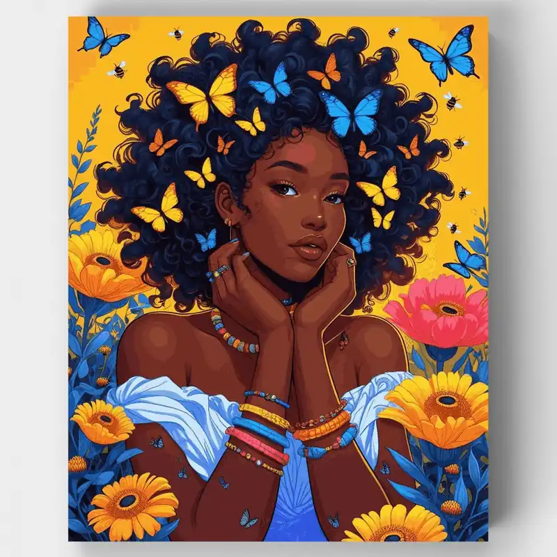 Compra Ahora Hermosa Mujer Africana con Mariposas - Kit de pintar por números - Lienzo Enrollado / 24 Colores