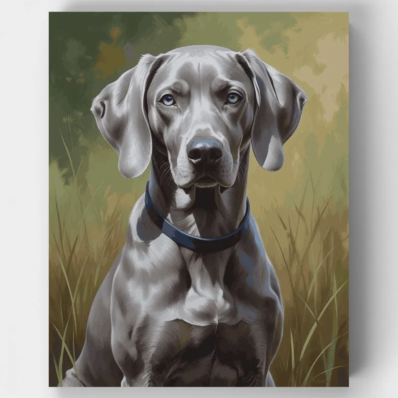 Profesional Weimaraner con Collar Azul Retrato al Aire Libre - Kit de pintar por números - Lienzo Enrollado / 24 Colores