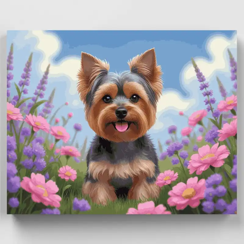 Yorkshire Terrier en Jardín de Flores - Kit de pintar por números - Lienzo Enrollado / 24 Colores Máxima Calidad