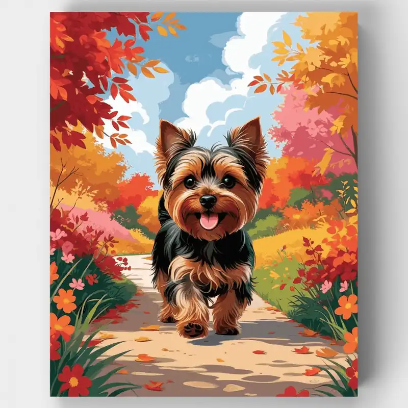 Yorkshire Terrier en Bosque de Otoño - Kit de pintar por números - Lienzo Enrollado / 24 Colores Profesional
