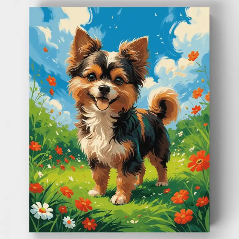 Adorable Yorkshire Terrier en Campo de Flores - Kit de pintar por números - Lienzo Enrollado / 24 Colores Pedido Al Por Mayor