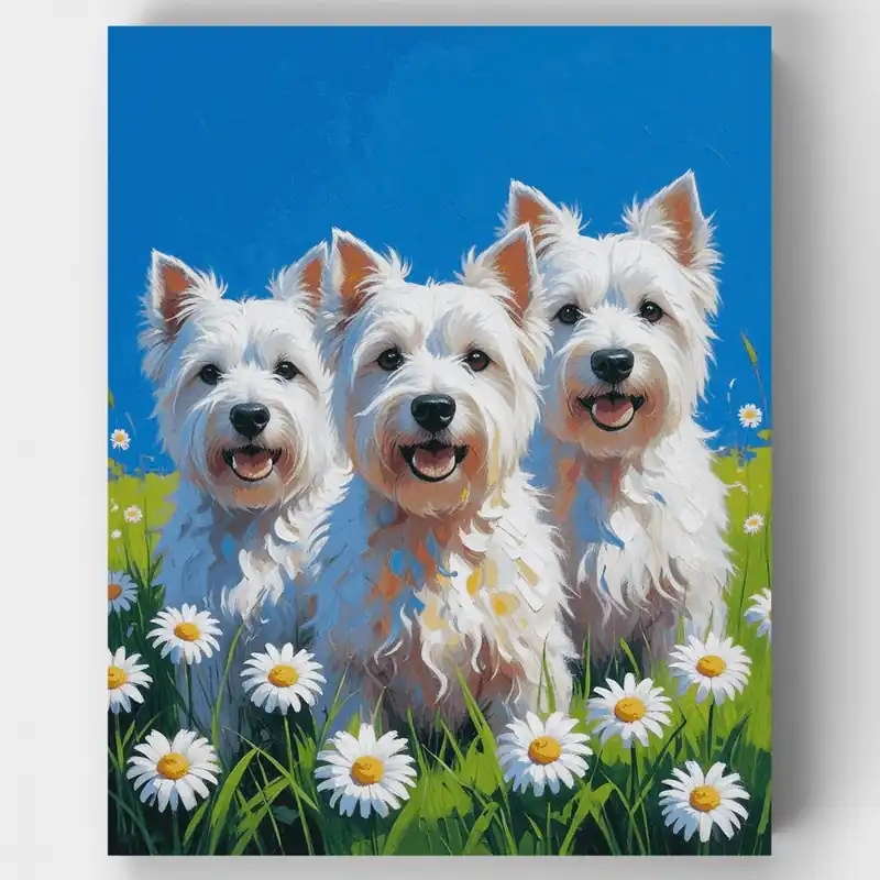 Tres Westies Felices en Campo de Margaritas - Kit de pintar por números - Lienzo Enrollado / 24 Colores Moderno
