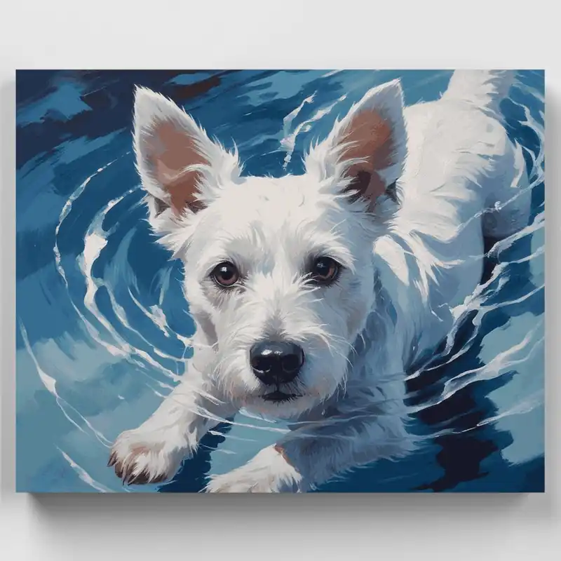 Precio Económico Perro Westie Nadando - Kit de pintar por números - Lienzo Enrollado / 24 Colores